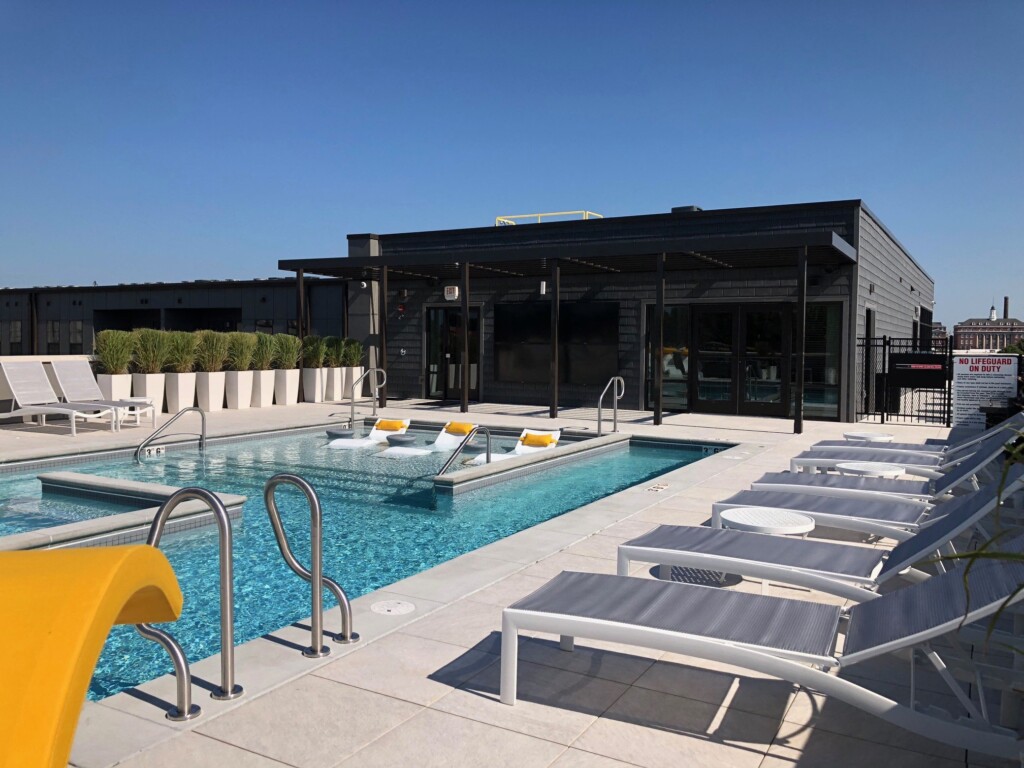 Rooftop amenity space in St Louis with porcelain paver deck