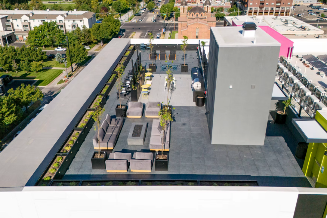 Aerial view of the Mbrico porcelain rooftop amenity deck at Aperture Residences in Salt Lake City