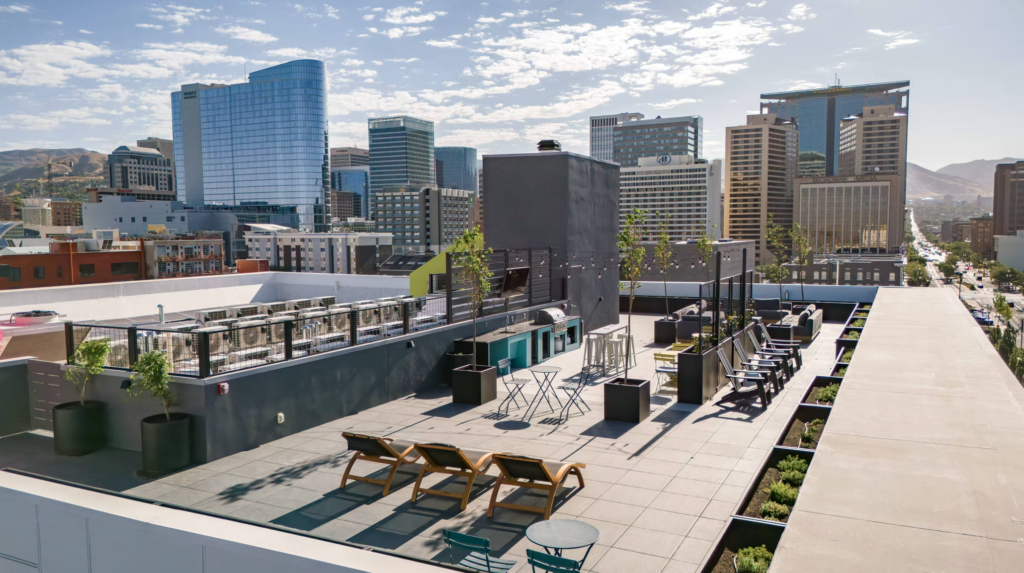 Aperture Residences rooftop amenity deck with Mbrico porcelain tile overlooking downtown Salt Lake City