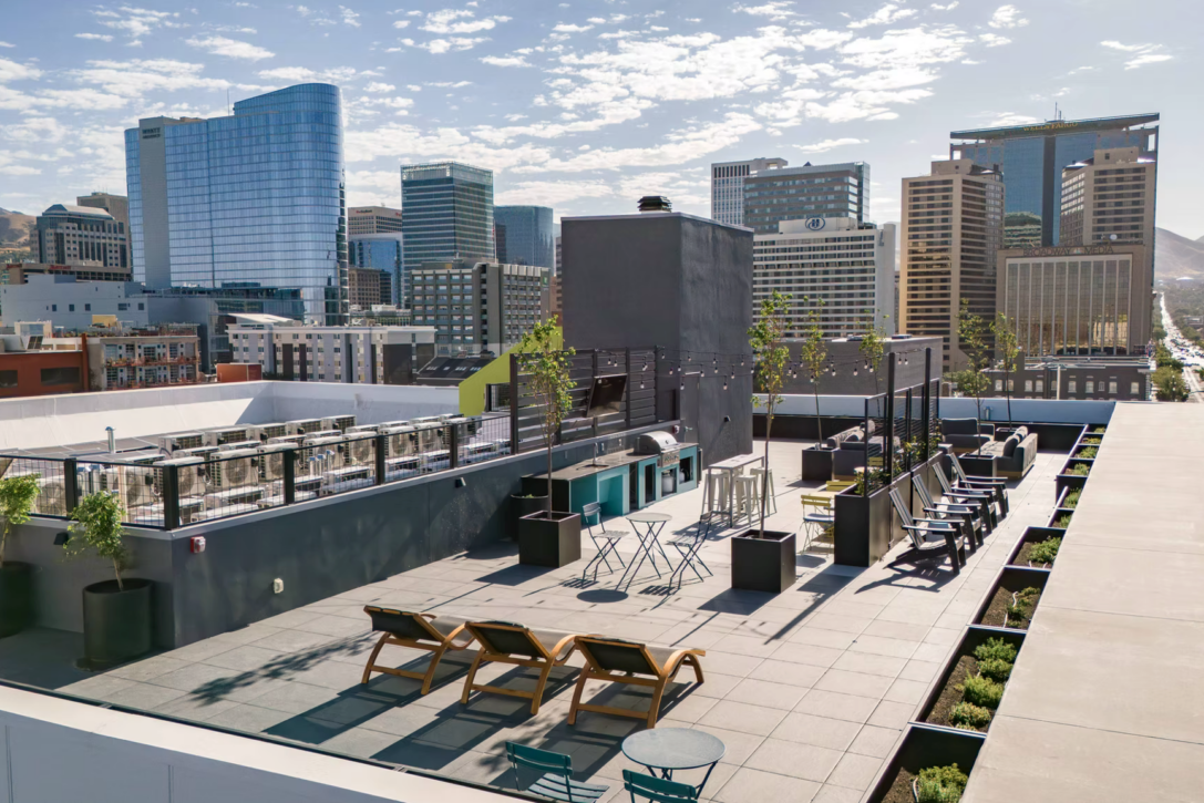Aperture Residences rooftop amenity deck with Mbrico porcelain tile overlooking downtown Salt Lake City