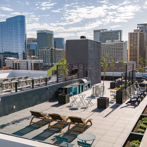 Aperture Residences rooftop amenity deck with Mbrico porcelain tile overlooking downtown Salt Lake City