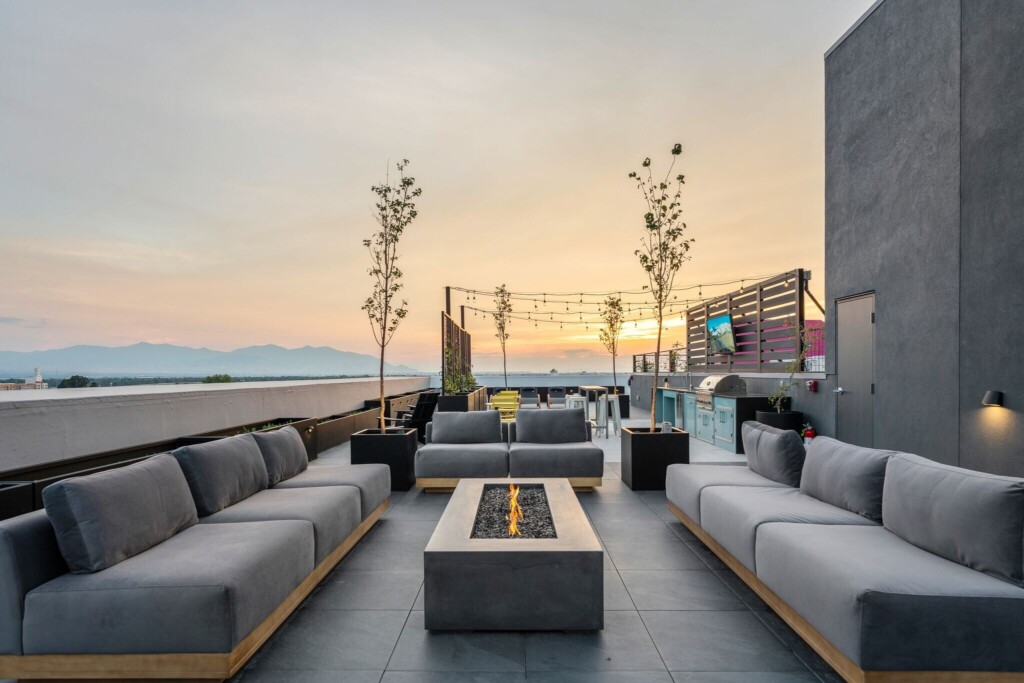 Mbrico porcelain rooftop deck with fire pit lounge at Aperture Residences in Salt Lake City, Utah