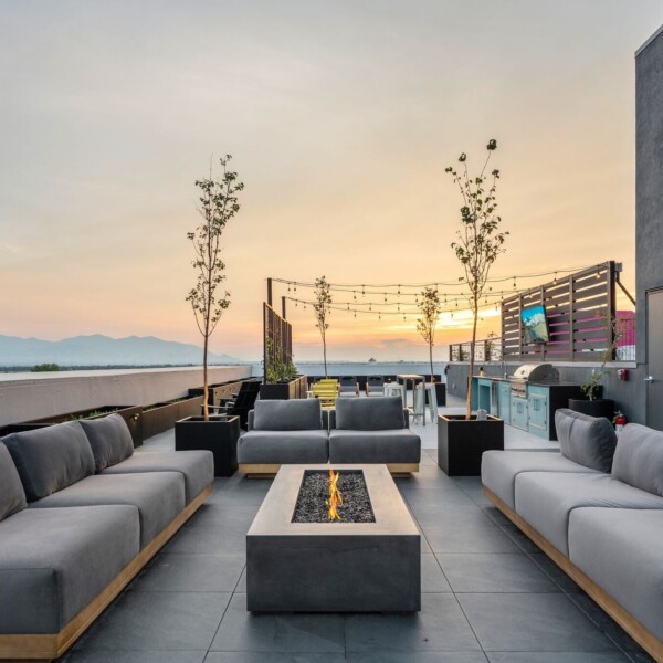 Mbrico porcelain rooftop deck with fire pit lounge at Aperture Residences in Salt Lake City, Utah
